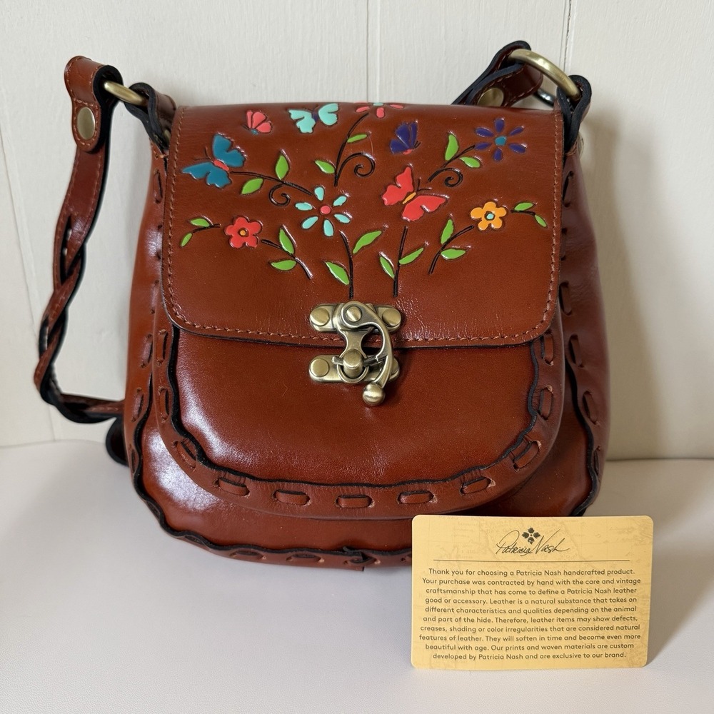 Patricia Nash Brown Leather Crossbody with Multicolor Floral & Butterfly Paint